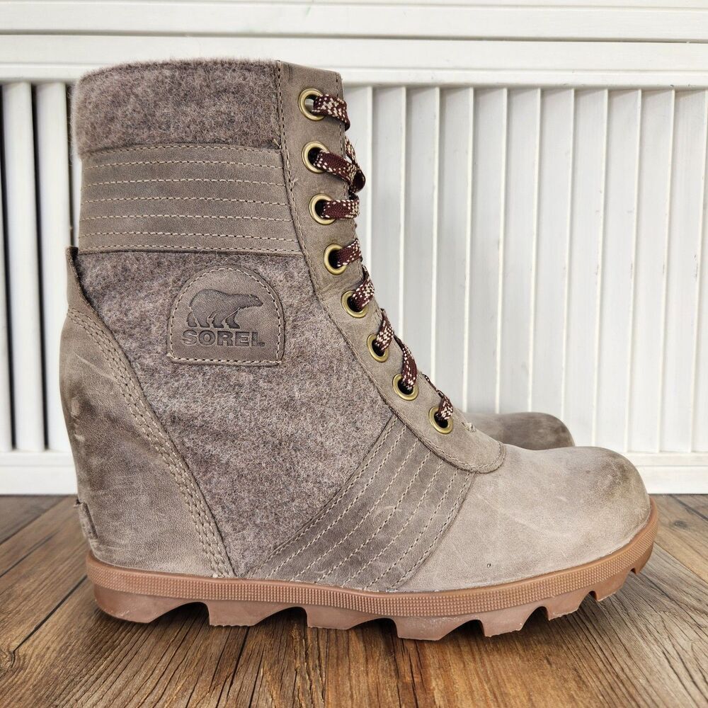 Sorel Lexie Wedge Boots Womens Size 9.5 Gray Leather Felt Waterproof NL3778-297